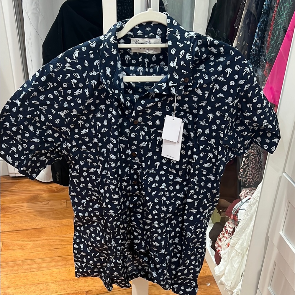 Kenny Flowers Navy Short Sleeve Button-Up with White Tropical Motifs